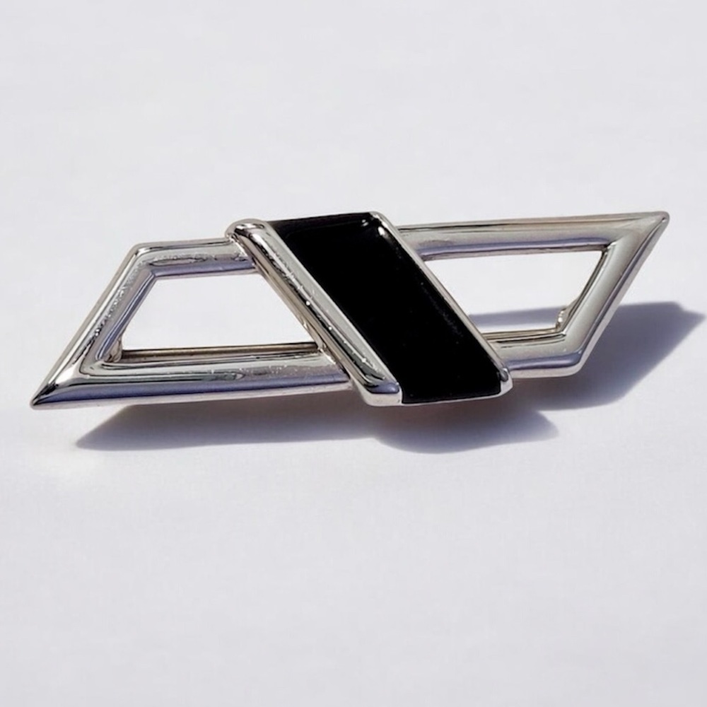 MONET Vintage Silver Black Enamel Bar Brooch, Geometric Design Silver Jewelry